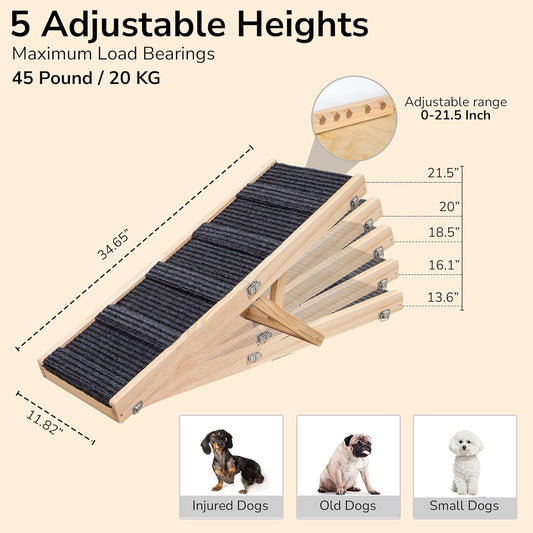 Upgraded 2026 Adjustable Dog Ramp 34.65" Foldable Pet Ramp with 5 Heights 13.6–21.5", Non-Slip Carpet & Leather Handle – Ramp for Bed, Couch & Sofa