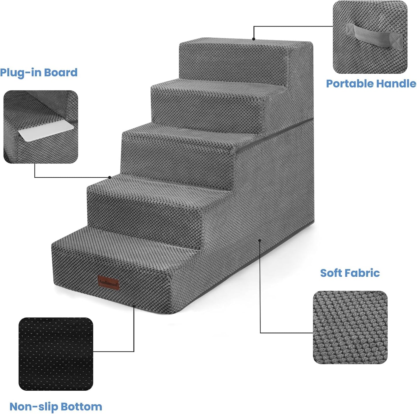 Aodisman Dog Stairs for Small Dogs, 3-Step Non-Slip Pet Stairs for Couch Sofa and Chair, Dog Bed Stairs for Puppy, Older Cat,Grey,13.6" H