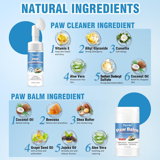 Pjordo Dog Paw Cleaner Kit, No-Rinse Foaming Cleanser for Dogs and Cats, Dog Paw Balm for Heal Dry Cracked Paws & Nose, Pet Foot Washer Paw Scrubber for Large Medium Small XL Breed Dogs
