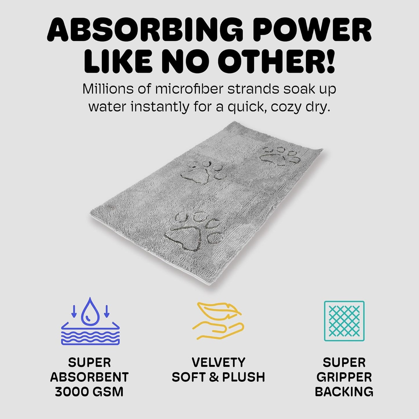 Dog Gone Smart Dirty Dog Doormat - Fast Drying Rug with Super Gripper Backing for Clean Floors - Super Absorbent and Machine Washable Mat for Muddy Paws - Grey