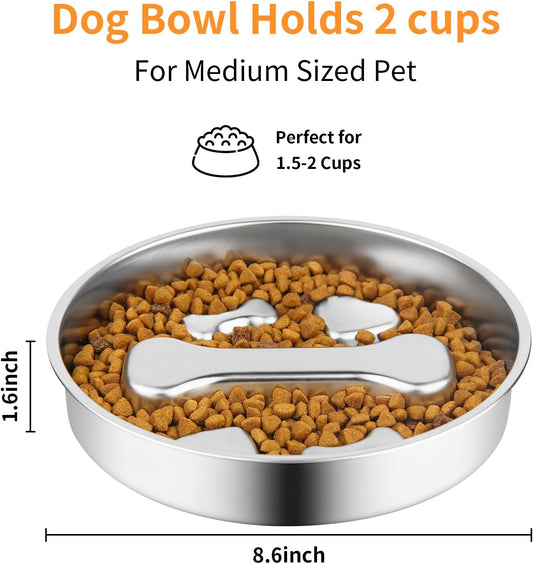 Novery Slow Feeder Dog Bowl - 2 Cups Stainless Steel Dog Slow Feeder Food Bowl, Metal Non-Slip Lick Plate,Puppy or Cat Food Holder,Pet Supplies,Puzzle Maze Dish for Medium Sized Breeds