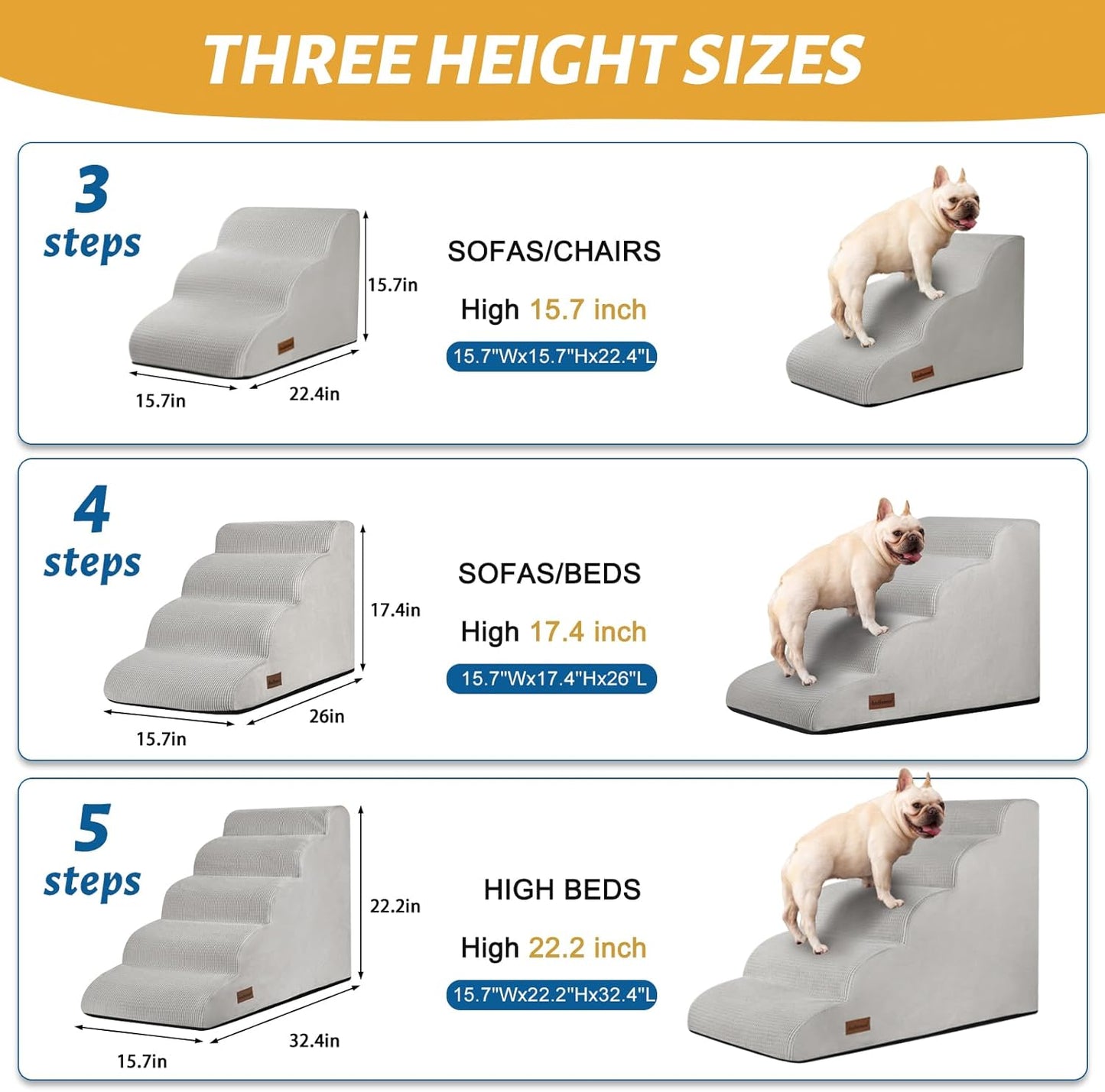 Aodisman 3-Step Dog Ramp and Stairs for Sofa and Chair - Non-Slip Sturdy Pet Steps for Small Dogs and Cats,15.7" H,Grey