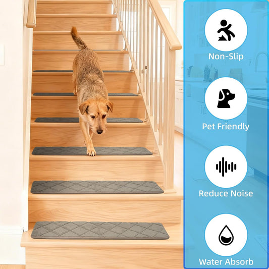 Art3d Stair Treads for Wooden Steps 15Pcs, 8" X 30" X 0.3" Non Slip Stair Runner Rugs with Reusable Adhesive for Elders Kids and Dogs, Washable Peel and Stick Stair Treads Carpet, Gray