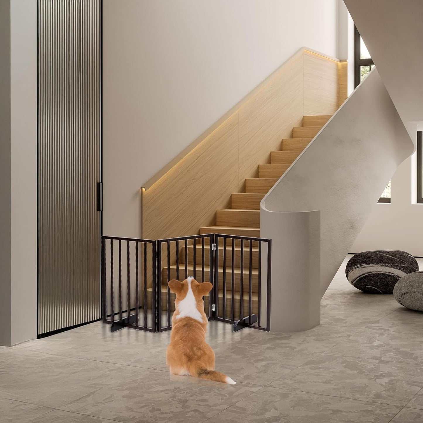 Outvita Freestanding Dog Gate, 24" H Foldable Wooden Pet Barrier Fence,3-Panel Pet Fence with Support Feet for Stairs,Hallways,Doorways, Walnut