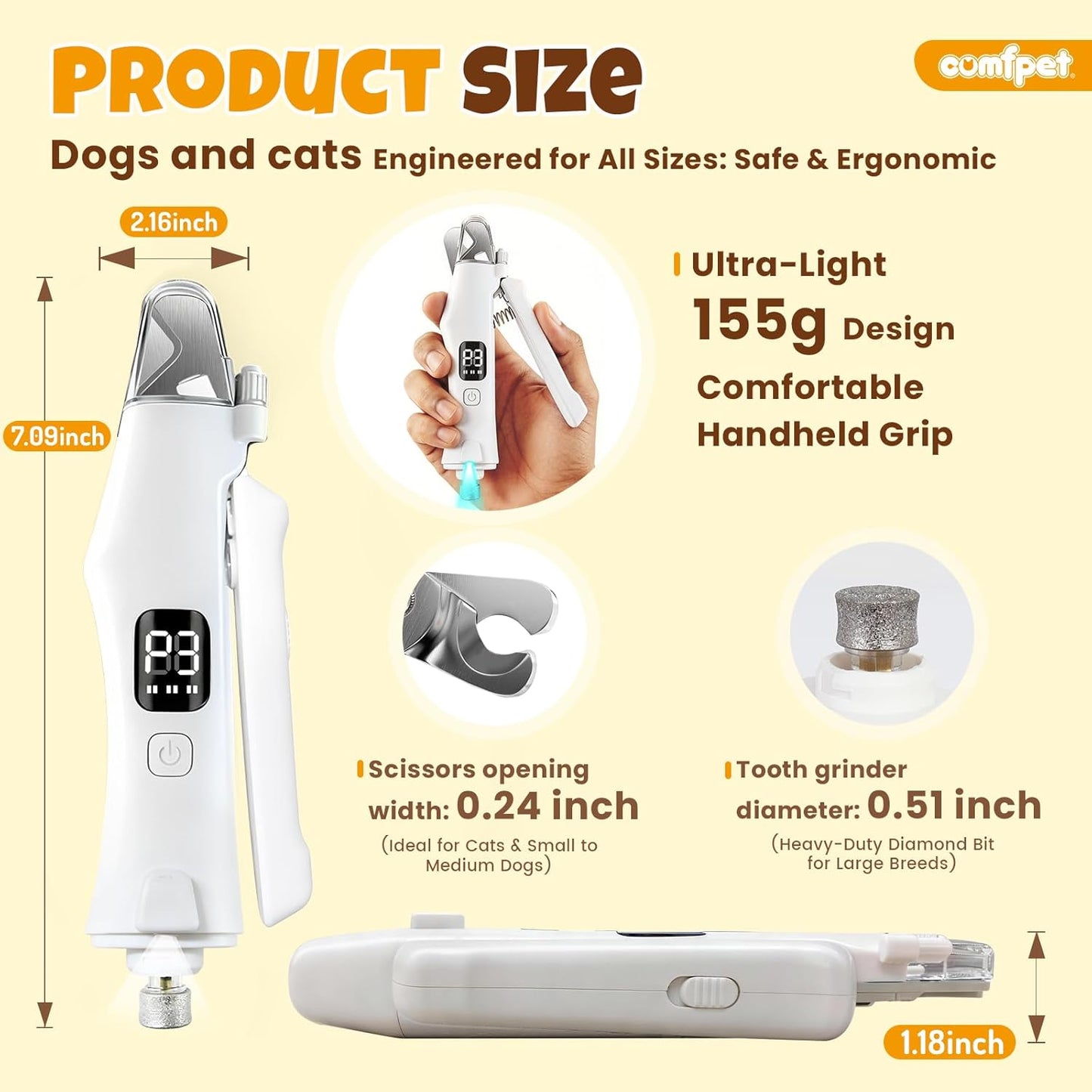 2-in-1 Dog Nail Clippers with Light, Cat Nail Clipper with Anti-Overcut Guard, Dog Nail Grinder Quiet for Large Medium Small Dog Cat Nail Trimmer, Rechargeable Painless Silent Groom Dog Nail Trimmer