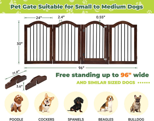 PrimeZone 144" Extra Wide Dog Gate - 36" Tall 6-Panel Solid Acacia Wooden Freestanding Puppy Gates with Door, Foldable Indoor Pet Fence for Doorways, Stairs, Support Feet Included, Brown