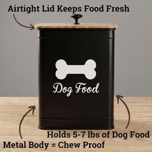 Dog Food Container Airtight 5-7 lb (25 Cup) Capacity - Cute Airtight Dog Food Storage Container with Bamboo Lid & Sturdy Metal Handle - White Metal Kibble Storage Bin for Dogs up to 50 lbs - Pet Jar
