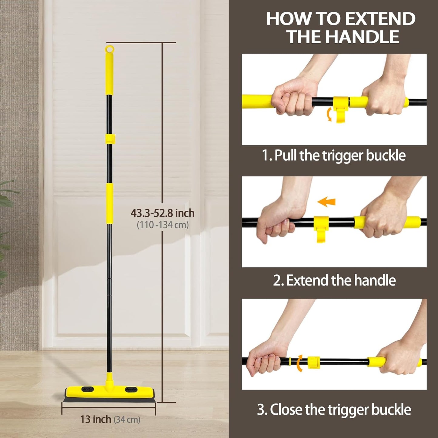 Rubber Broom with Squeegee, Pet Hair Removal 52.8 inches Long Handle, Push Fur Remover Tool with Portable Detailing Lint Brush for Fluff Carpet, Window, Tile, Hardwood Floor Cleaning (Yellow)