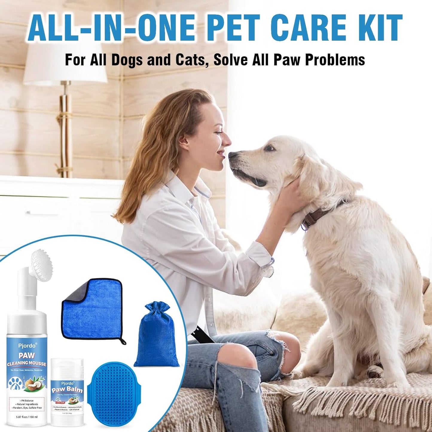 Pjordo Dog Paw Cleaner Kit, No-Rinse Foaming Cleanser for Dogs and Cats, Dog Paw Balm for Heal Dry Cracked Paws & Nose, Pet Foot Washer Paw Scrubber for Large Medium Small XL Breed Dogs