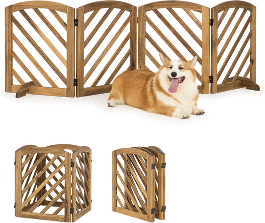 dCee Solid Acacia Wood Dog Gate, Expanded Wide 81 Inches, Freestanding Dog Gate Indoor, Foldable 4 Panels with 2 Support Legs, Ideal for Doorway, Kitchen, Hall, Stairs, Pet securety, Ebony Color