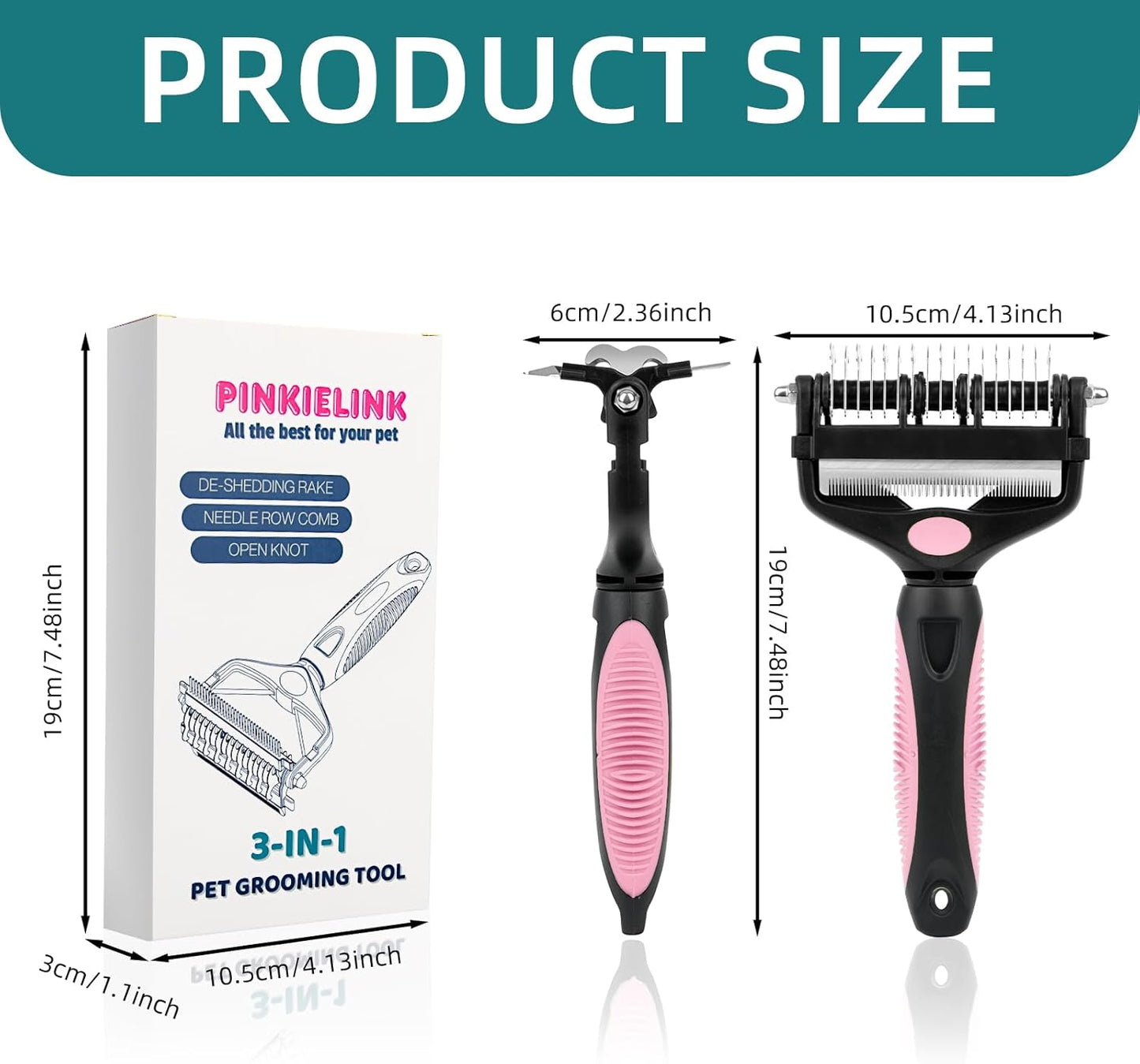3-IN-1 Pet Grooming Tool - Undercoat Rake, Dematting Comb & Deshedding Brush for Cats & Dogs - Removes Mats, Tangles & Loose Fur, Reduces Shedding & Prevents Hair Mess (Pink)