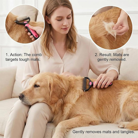 Pet Pro Grooming Tool, 2-in-1 Deshedding Dog Brush with 9/17 Teeth Undercoat Rake for Dogs & Cats, Dual-Sided Stainless Steel Pet Comb for Long Hair & Thick Coats, Non-Slip Ergonomic Handle (Pink-L)
