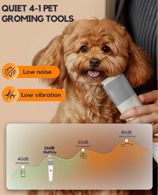 Dog Clippers Grooming Kit, 4 in 1 Quiet Cordless Dog Paw Trimmer & Nail Grinder, Small Cat Clippers Electric Rechargeable Low Noise Pet Shaver for Trimming Hair on Paw Eye Ear Face Rump (Pink)