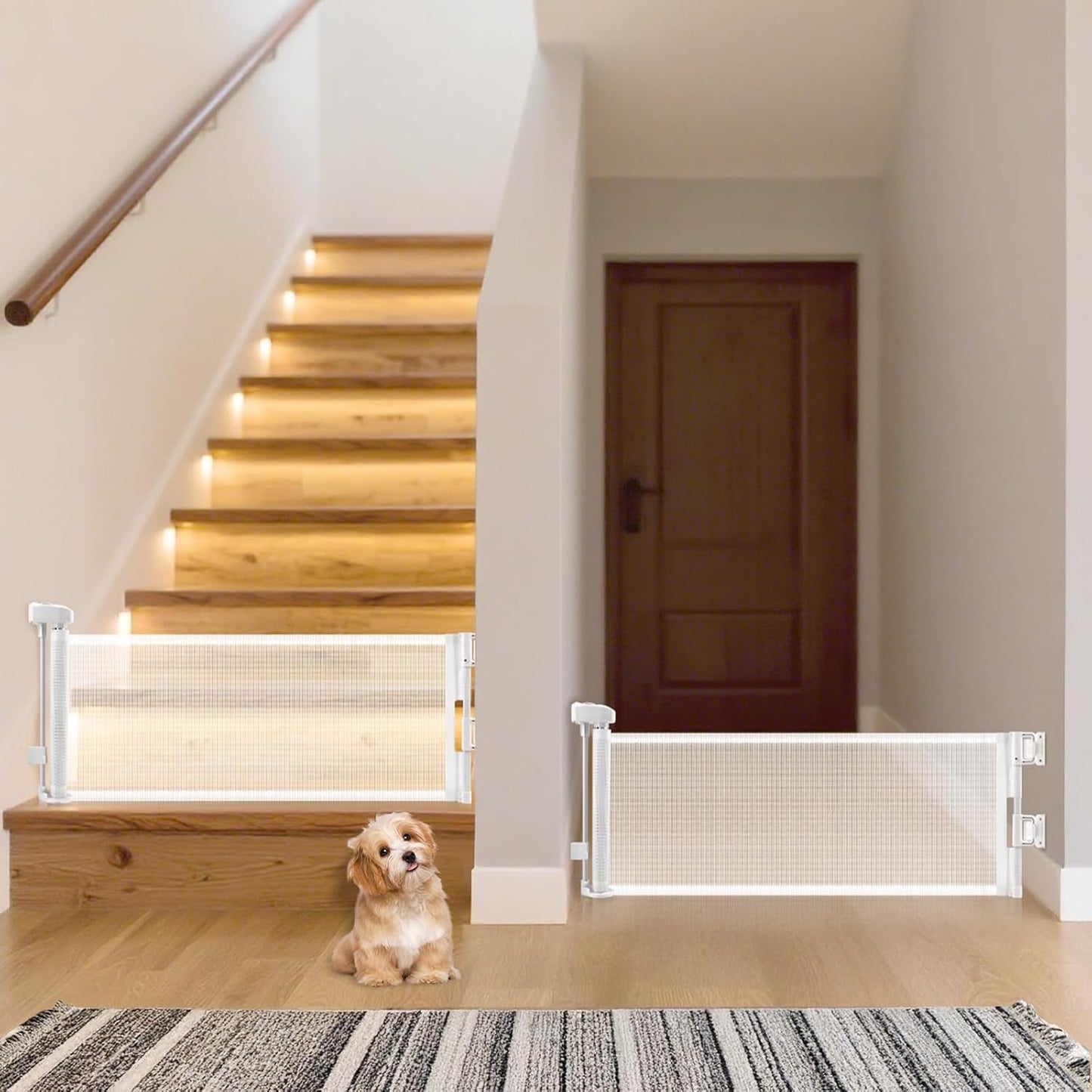 Short Dog Gate,14" Tall Gate to Step Over, Puppy Mesh Retractable Pet Gates Doggy Door for Doorways Stairs, Extends up to 55" Wide for Kitchen Hallways Indoor, Gray