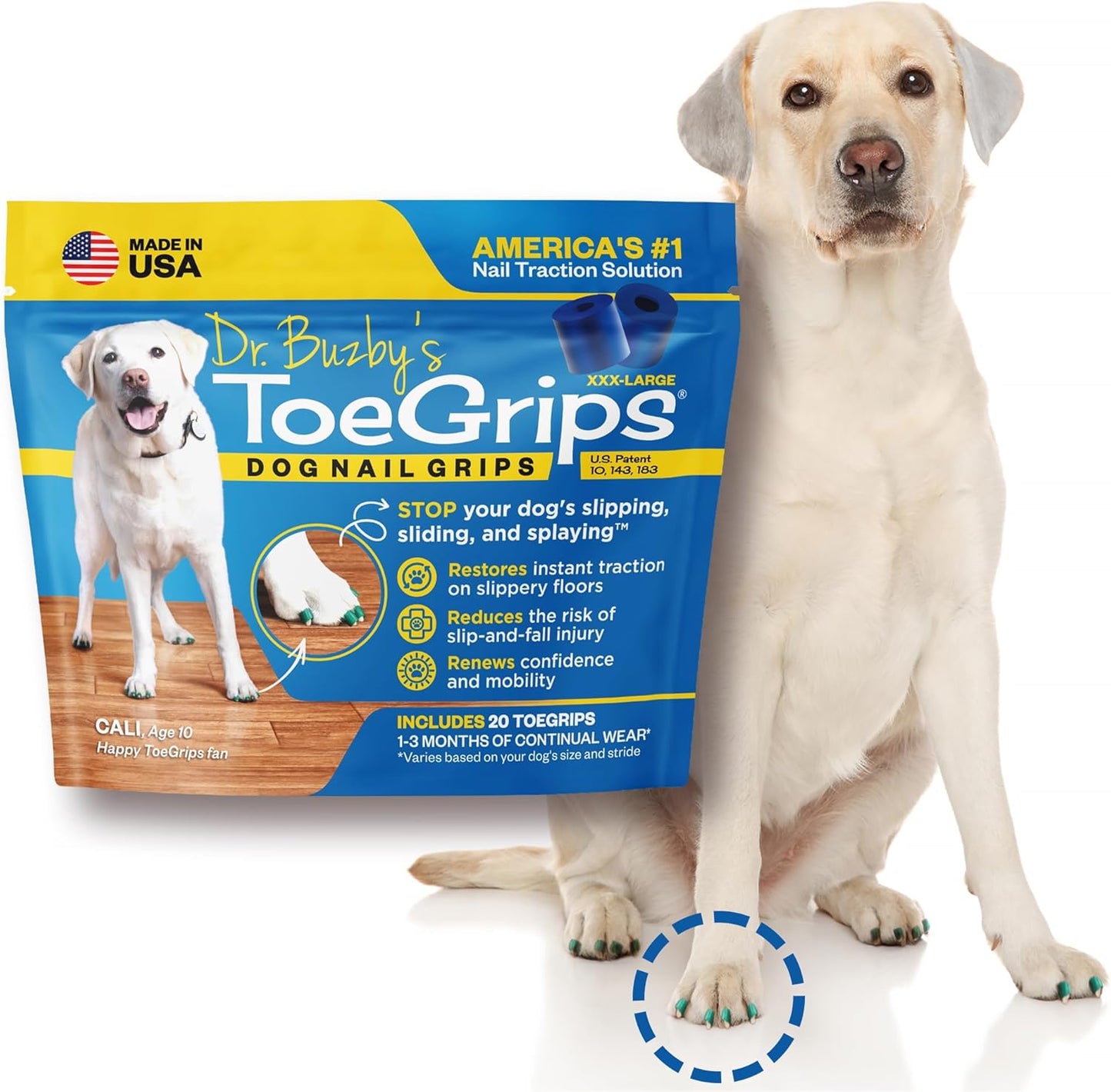 Dr Buzby's Large ToeGrips for Dogs - Instant Traction on Wood/Hardwood Floors - Anti Slip Relief - Grippers for Senior Dogs - Stop Sliding Instantly - Rubber Nails for Paws - 1 Pack (20 Grips)