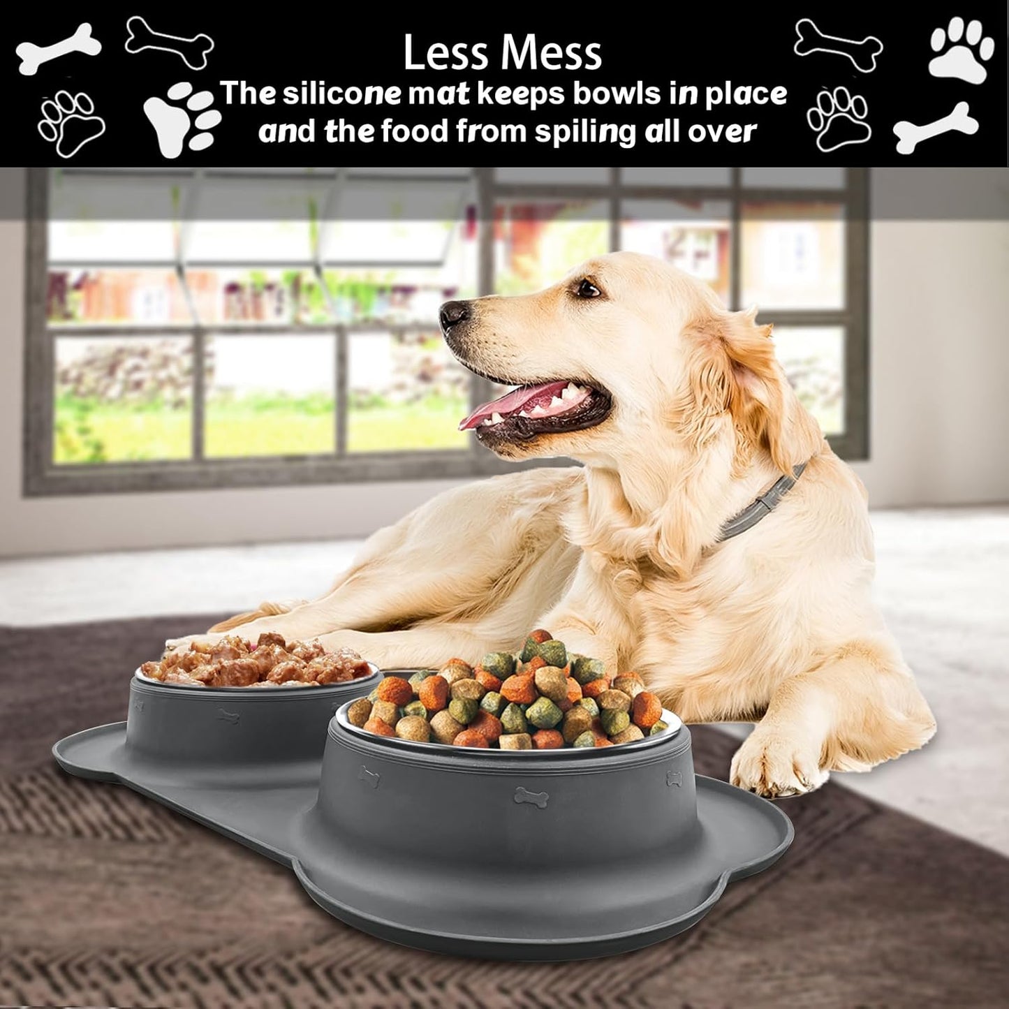 AsFrost Dog Food Bowls Stainless Steel & Water Dish with No-Spill and Non-Skid, Feeder Bowls with Dog Food Dish for Small Medium Large Size,Dogs,Cats,Puppy Pets, Black, 12oz