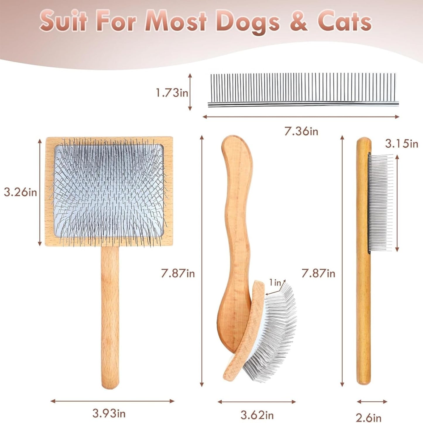 Slicker Brush for Dogs, Large Dog Grooming Brush for Doodles Goldendoodles Poodles Labradoodle Bernedoodles, Long Combs to Wavy & Curly Hair - Wooden Handle 3 Pcs - Nature