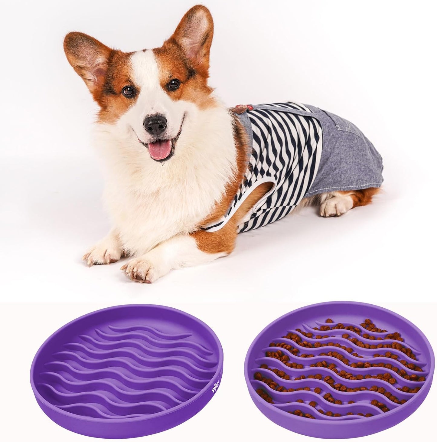Slow Feeder Dog Bowls, Silicone Food Bowl Anti-Gulping, Pets Puppy Slow Feeder with Suction Cups, Dishwasher Microwave Safe for All Small Medium Dogs, Wave Design Blue