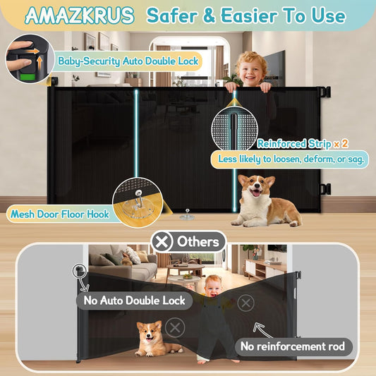 160 Inch Retractable Baby Gates Extra Wide, 42 Inch Extra Tall Retractable Gate, 13 FT Reinforced Retractable Dog Gate with Reinforcement Rod to Prevent Crawling Through, for Doorways, Stairs, Hallway