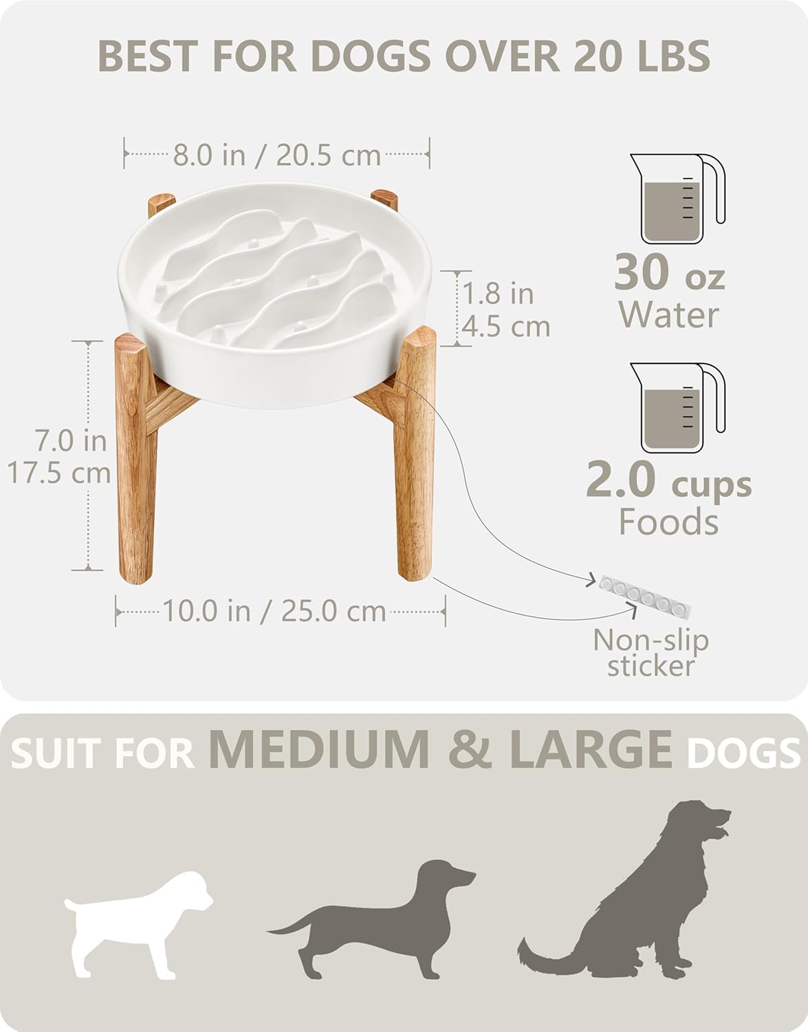 Ceramic Slow Feeder Dog Bowls for Medium and Large Dogs, 2.0 Cups Dog Slow Feeder for Fast Eater, 30oz, 8in, White