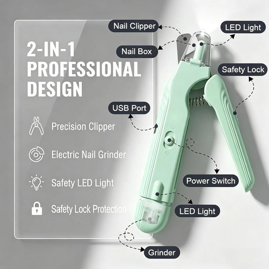 2-in-1 Dog Nail Grinder & Dog Nail Clippers Trimmers for Large Medium Small Dogs Cats Pets Claw Trimmer with LED Lights (White)