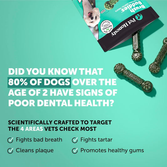 Pet Honesty Brush Buddies All Natural Dog Dental Treats for Dogs – Long Lasting Dental Sticks for Dogs, Teeth Cleaner, Breath Freshener, Plaque & Tartar Remover – Medium Sized Dogs (15 Count)