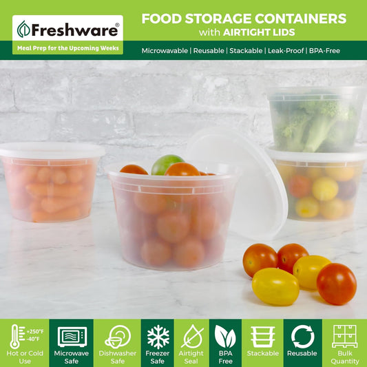 Freshware Food Storage Containers 16 oz Plastic Deli Containers with Lids, Slime, Soup, Meal Prep Containers | BPA Free | Stackable | Leakproof | Microwave/Dishwasher/Freezer Safe