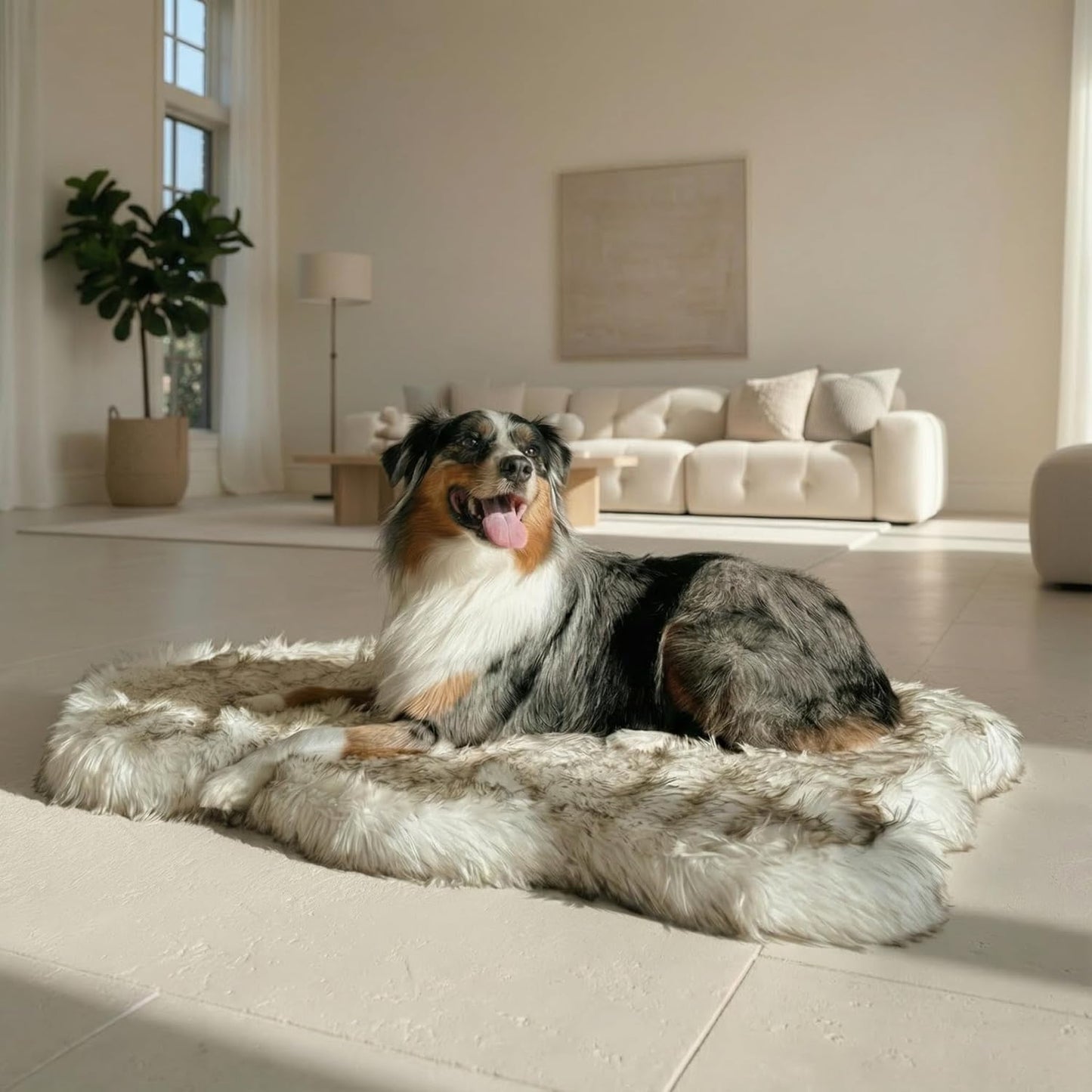 IHAPPYDOG Luxury Faux Fur Orthopedic Dog Bed, Memory Foam Dog Bed for Small, Medium, Large and XL Pets, Fluffy Pet Bed with Waterproof and Washable Cover (White w/Brown Tips, 50"x30")