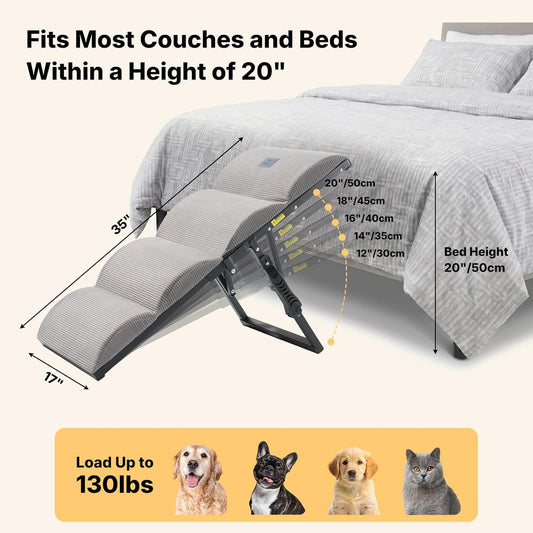 Veehoo Dog Ramp for Bed Couch for Small to Large Dog, Foldable Ramp for Dogs to Get on Bed 5 Adjustable Height from 17" to 23", Pet Cat Stairs Doggy Steps Non Slip with Metal Frame, Up to 130lbs
