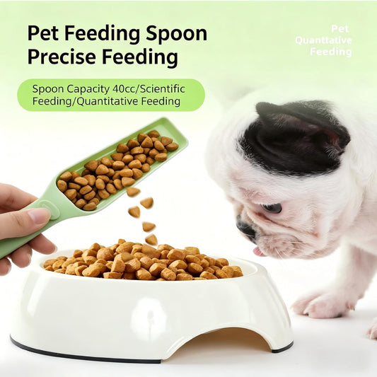 Pet food scoop and bag clip, multi-functional dog and cat food measuring spoon and spatula, capacity 100 grams (3.5 ounces), long-handled food sealing clip, 7.48 x 1.57 inches, green