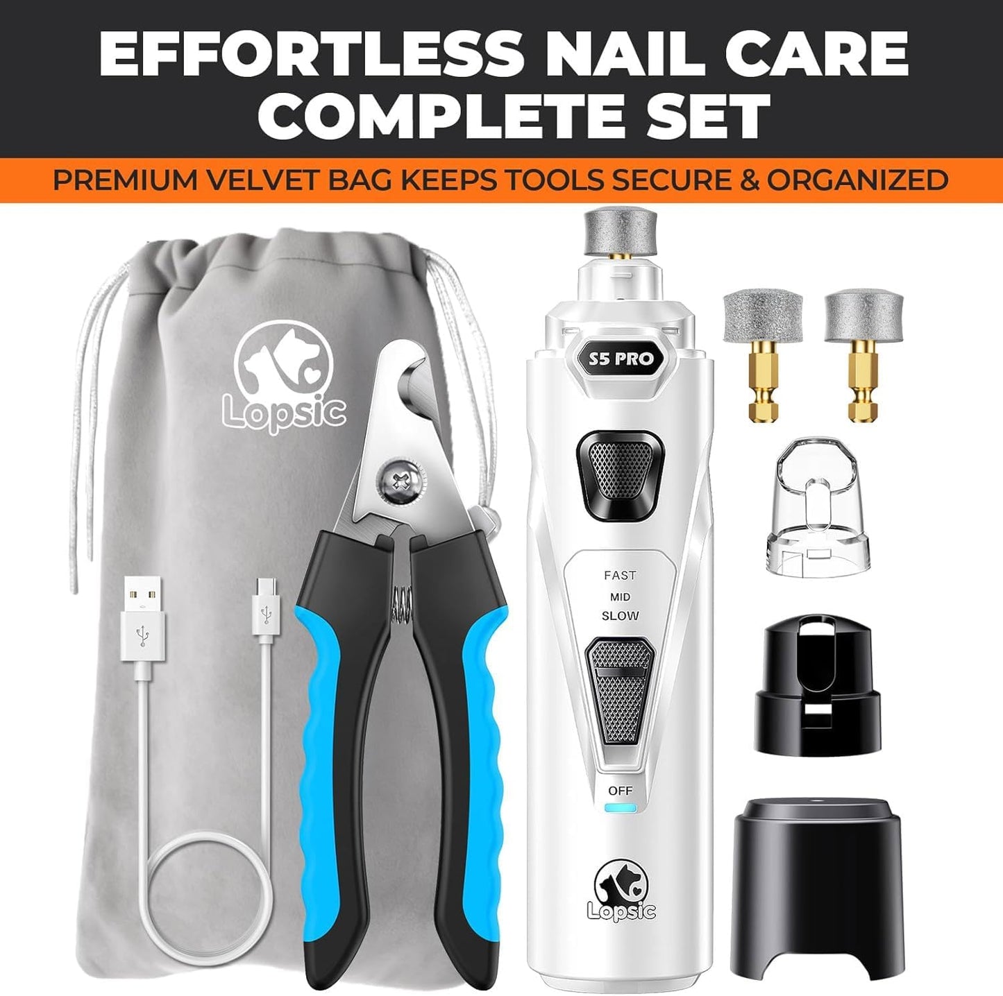 Whisper Quiet Dog Nail Grinder with 4 LED Lights, Safe & Stress-Free for Sensitive Dogs Cats of All Breeds & Sizes, 3 Grinding Bits, 3-Speed, Pet Nail Trimmers, Rechargeable Painless Grooming Kit
