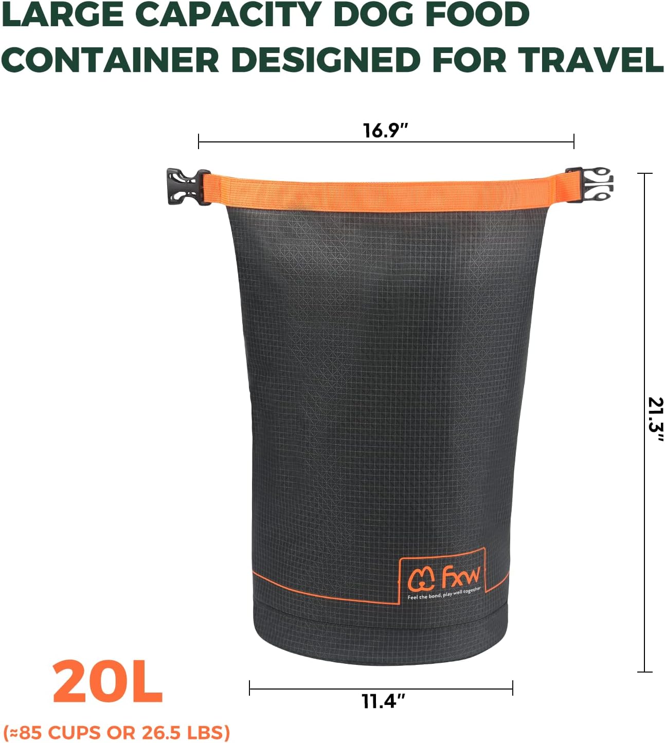 FXW Dog Food Travel Bag,Large Capacity for Travel Kibble Storage Perfect for RV Road Trips, Camping, Longterm Dog Boarding Gear Accessories Gray, 21 Cups