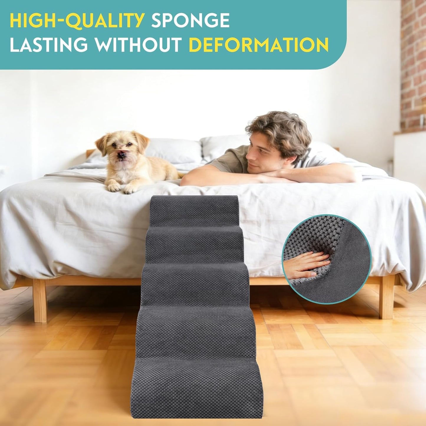 Dog Stairs for Small Dogs,15.7" H Pet Stairs 3-Steps Ramp for Puppy, Older Cat, Stairs with Whole 30D High Density Foam, Corduroy Fabric, Non-Slip Bottom Dog Steps for Bed and Couch (Grey, 3-Step)