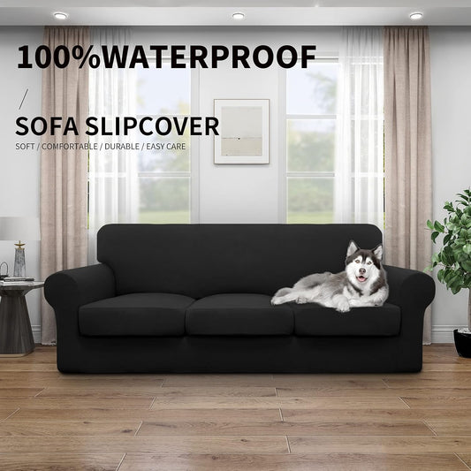 Easy-Going 100% Dual Waterproof 4 Pieces Stretch Soft Couch Cover for Dogs, Sofa Slipcover for 3 Separate Cushion Couch Leakproof Furniture Protector for Kids, Pets Dark Gray