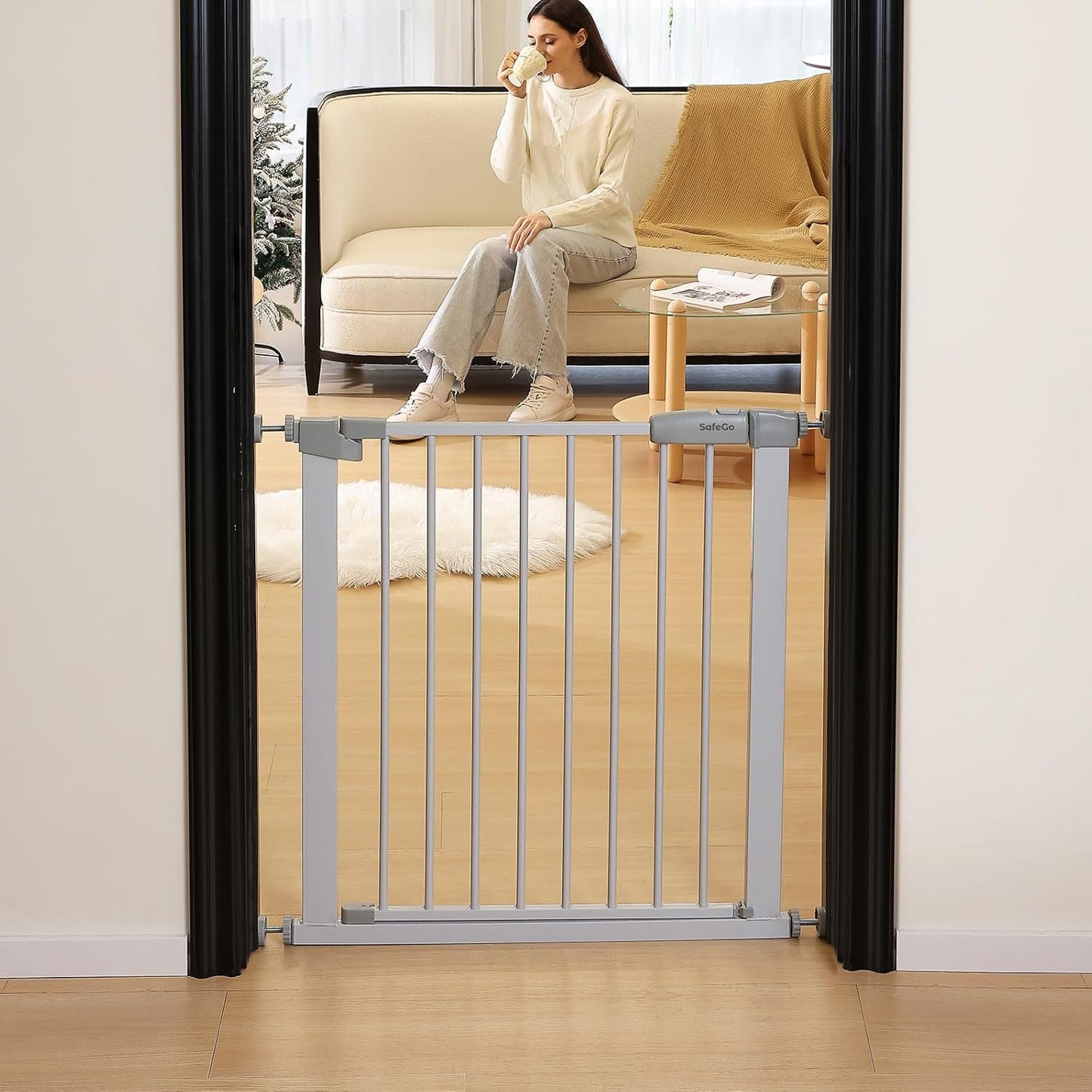 44.72"-46.89" Baby and Pet Safety Gate, 30" Tall Metal Walk-Thru Gate for Doorways & Stairs, Easy One-Hand Open, Dual Lock, Extensions & Wall Mounts Included (Brown, 29"-46" W x 30.5“H)