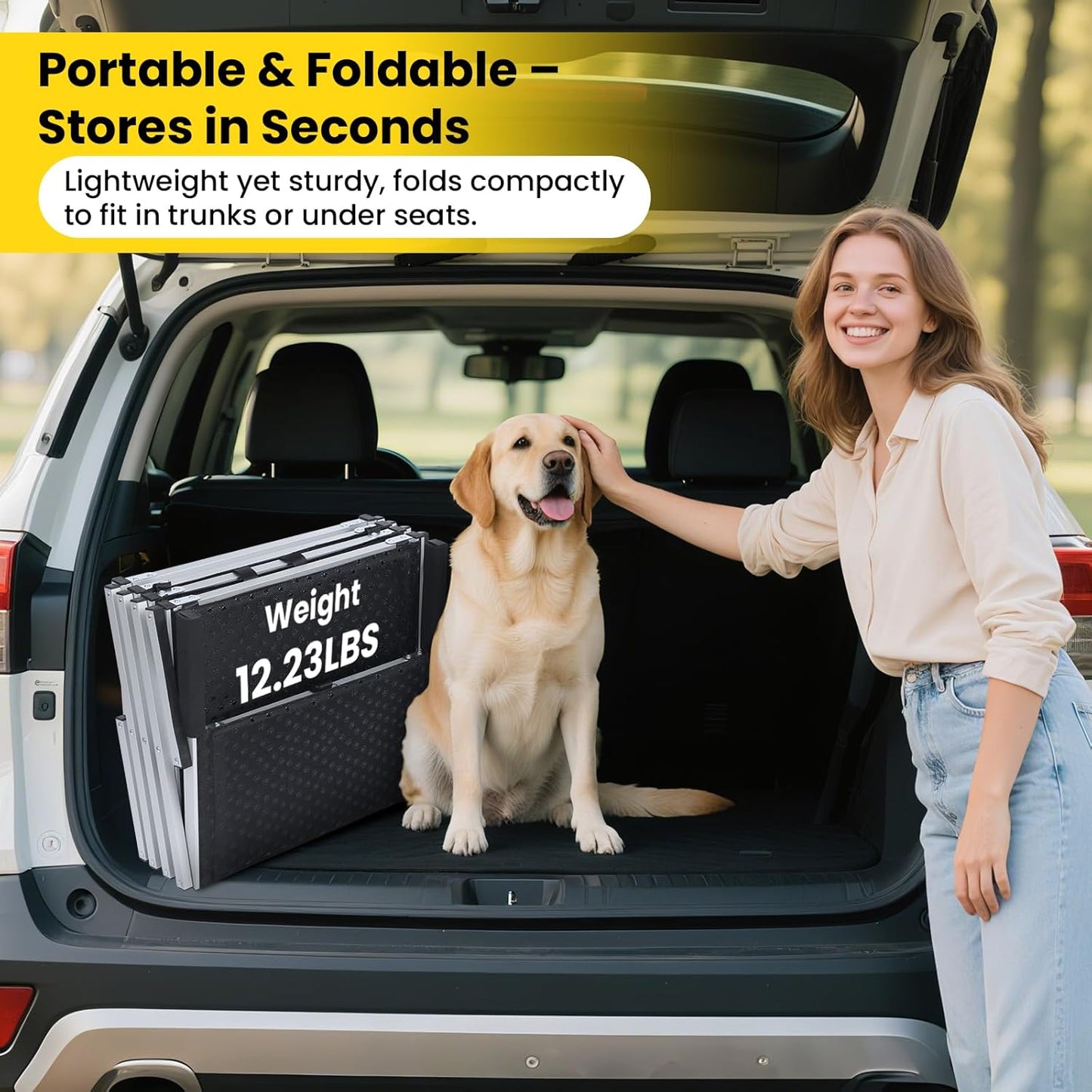 Dog Stairs for Large Dogs, Extra Wide Dog Ramp for Car with Non-Slip Surface, Folding and Portable Dog Car Ramp for SUV & Car, Outdoor, Supports up to 250 lbs, 4 Steps