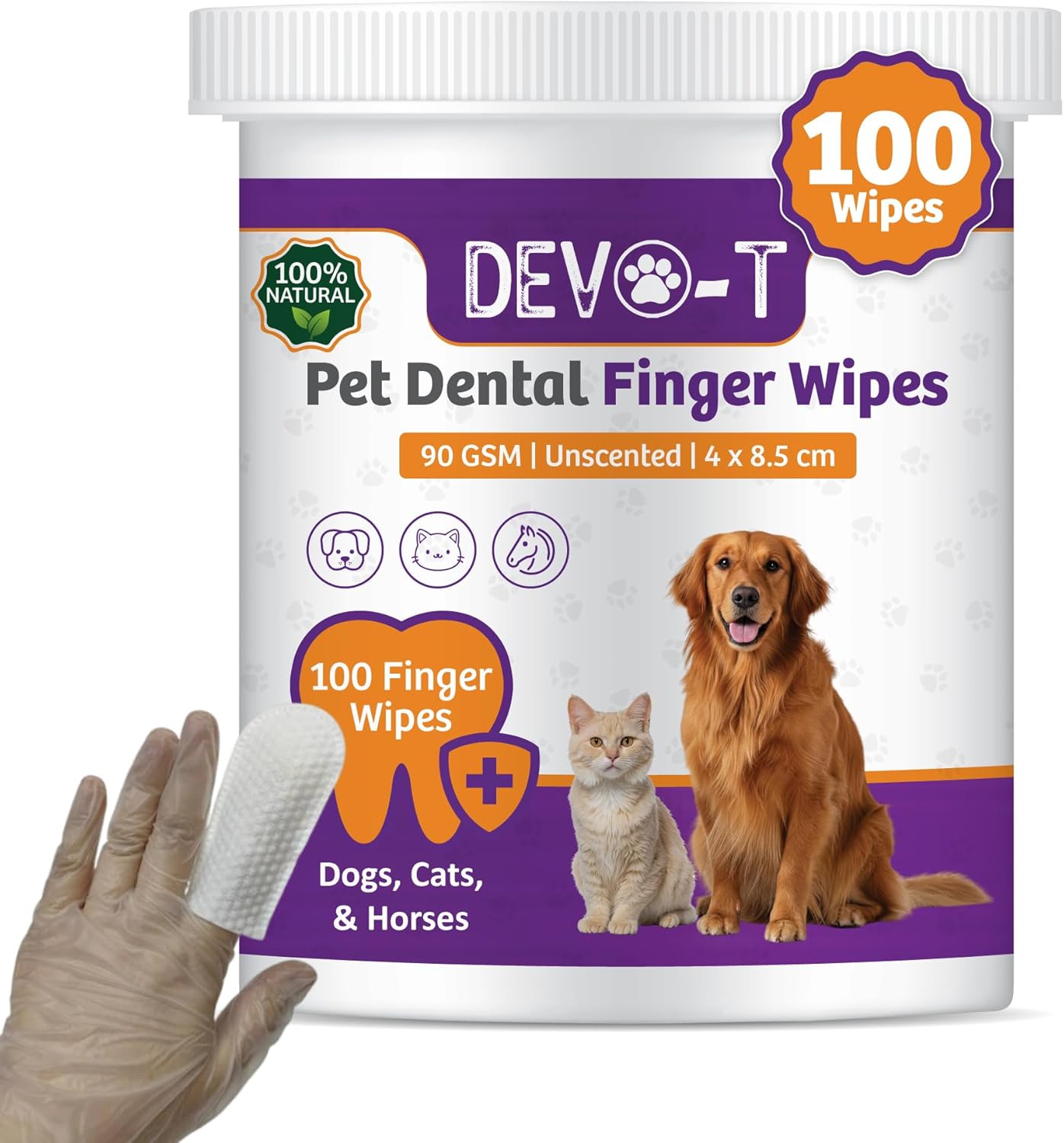 DEVO-T 100% Natural Dog Teeth Cleaning Wipes Unscented | 50 Count | Pet Teeth Cleaning Finger Wipes for Dogs, Cats & Horses | Remove Bad Breath, Plaque & Tartar Buildup | Dog Dental Wipes Finger