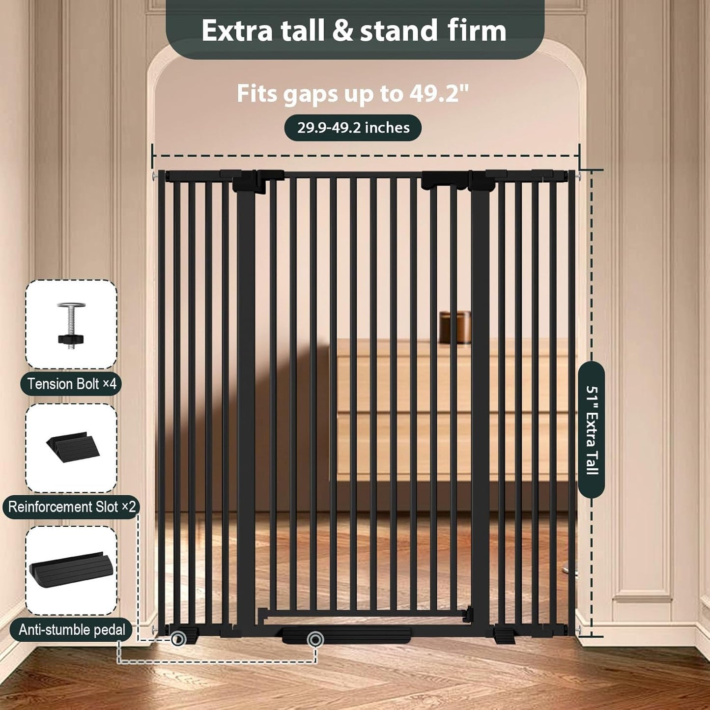 51'' Extra Tall Cat Gate for Doorways Hallways 30-40.9'' Wide, Pressure Mounted Pet Dog Gates No Drilling Auto Close, Cat Fence Barrier Indoor Climb Proof (Black)