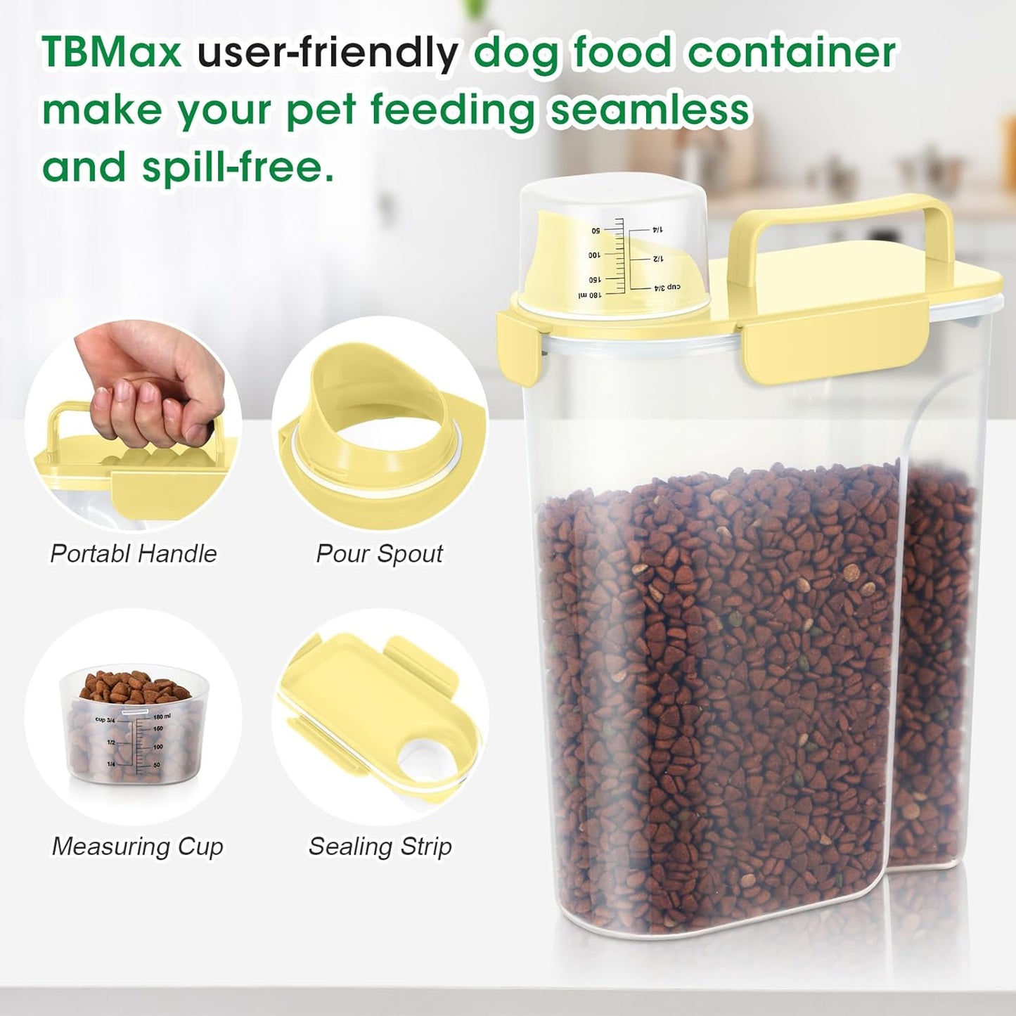 TBMax Dog Food Storage Container 5-7 lbs, Airtight Cat Food Container with Larger Spout & Measuring Cup, Portable Pet Food Storage Dispenser for Small Animal Kibble Storage, Bird Seed Container