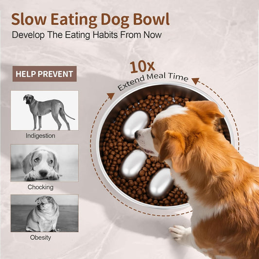 Slow Feeder Dog Bowl for Fast Eating Dogs Stainless Steel Heavy Duty 8.2" with Non-Slip Base, Raised Obstacle Slow Down Eating for Small Medium Large Dogs, Reduces Bloat & Indigestion, Dishwasher Safe