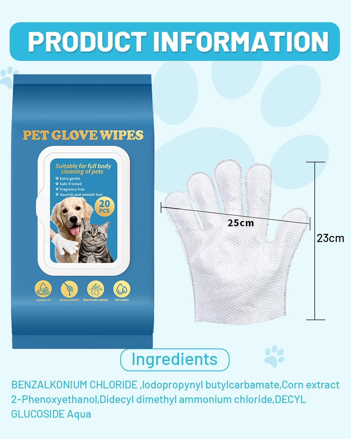 Dog Glove Wipes for Paws, Butt, Ears & Eyes - Pet Cleaning Wipes After Walk, Potty & Grooming | Extra Large Thick Rinse-Free for Dogs & Cats | Hypoallergenic Fragrance-Free for On-the-Go & Camping
