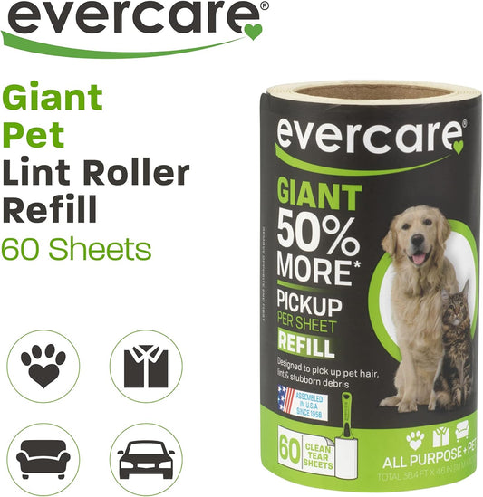 Evercare Pet Lint Roller Refill, Manual Operation, 60 Sheets per Roll, 6 Count Refill Pack for Pet Hair Removal, Green