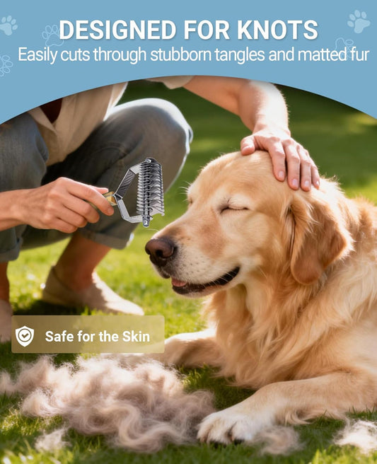 Dematting Comb for Dogs and Cats, Mat Remover and Deshedding Grooming Tool, Safe Detangler for Matted Fur, Double Sided Undercoat Rake for dogs