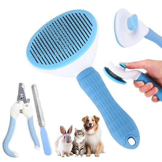 Aglads 8PCS Cat Rabbit Bunny Dog Grooming Kit,Self-Cleaning Brush,Nail Clipper,Grooming Glove,Massage Brush,Flea Comb,Towel&Travel Bag,Complete Grooming Tools for Long&Short Haired Pets(8, blue)