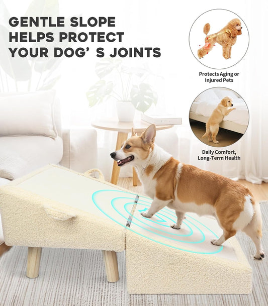 Dog Stairs for Small Dogs and Cats – 2-in-1 Dog Ramp for Couch and Low Bed, 16.5'' Foldable Wooden Pet Ramp, Sturdy Multi-Use Split Ottoman Design, Beige