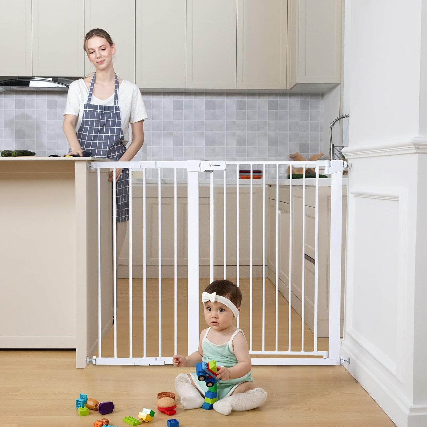 COMOMY 36" Extra Tall Baby Gate for Stairs and Doorways - Fits 29.5" to 48.8" Wide Openings, Auto Close Extra Wide Dog Gate for House, Pressure Mounted Easy Walk Through Pet With Door, Black