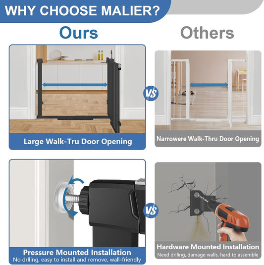 Malier Large Walk-Thru Door Baby Gate, 29-40" No Drill Pressure Mounted Dog Gate with Auto Close, Safety Gate Pet Gate for Stairs, Doorways, Child and Dogs Indoor (Black, 29''- 40''W × 30''H)