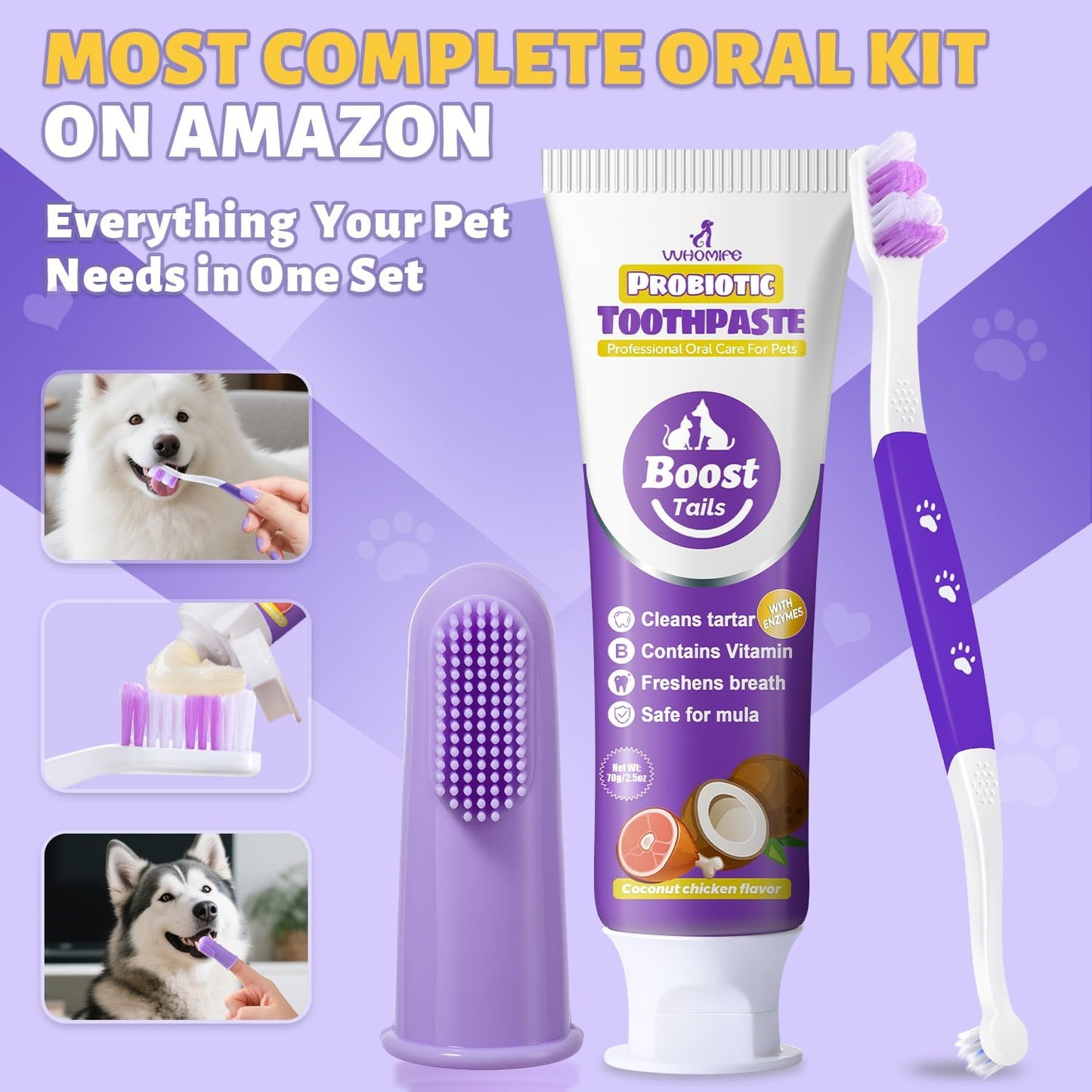 Premium Dog Oral Care Kit - Natural Coconut Chicken Flavored Toothpaste,Dual Head Toothbrush and Finger Toothbrush for Dogs,Plaque Prevention,Tartar Control.2.5oz(Pack of 1)
