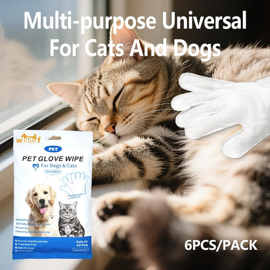Pet Cleaning Gloves (6 Count) | Extra Thick Disposable Grooming Gloves with Aloe & Jojoba Oil, Waterless No-Rinse Odor Control, Lick-Safe Five-Finger Design for Cats & Dogs
