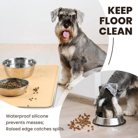 VIVAGLORY Dog Food Mat Flexmat Dog Bowl Mat, Placemat Food Tray with Raised Edges & Lip for Indoor Floor, Non Slip Waterproof Silicone Dish Placemat for Cat & Pet, S, Grey